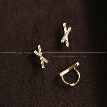 X Bow Earings, Pure 9k Gold Cubic Zirconia Hoops, Cross Huggies Hoop Earrings, Personality Simple Earrings for Female