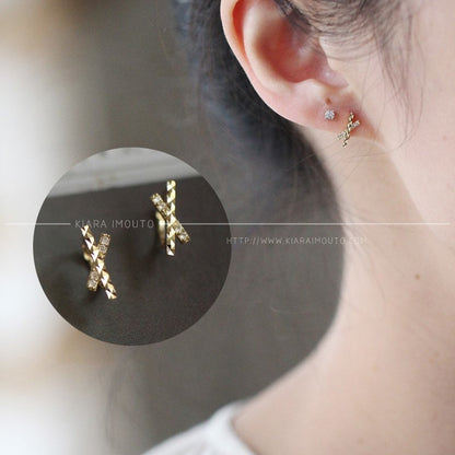 X Bow Earings, Pure 9k Gold Cubic Zirconia Hoops, Cross Huggies Hoop Earrings, Personality Simple Earrings for Female