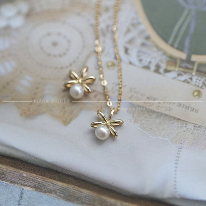 Sweet Bow 9k Yellow Gold Natural Freshwater Pearl Mini Girl Pendant Clavicle Chain Pendant