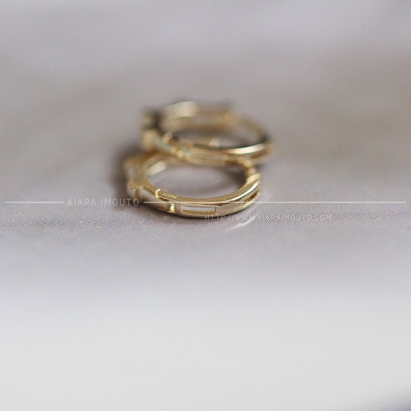 Rectangle Zircon Cartilage Hoop Earrings, Tiny Hoop Earrings, 9k Real Gold, Helix Piercing Ring, Forward Helix Earrings