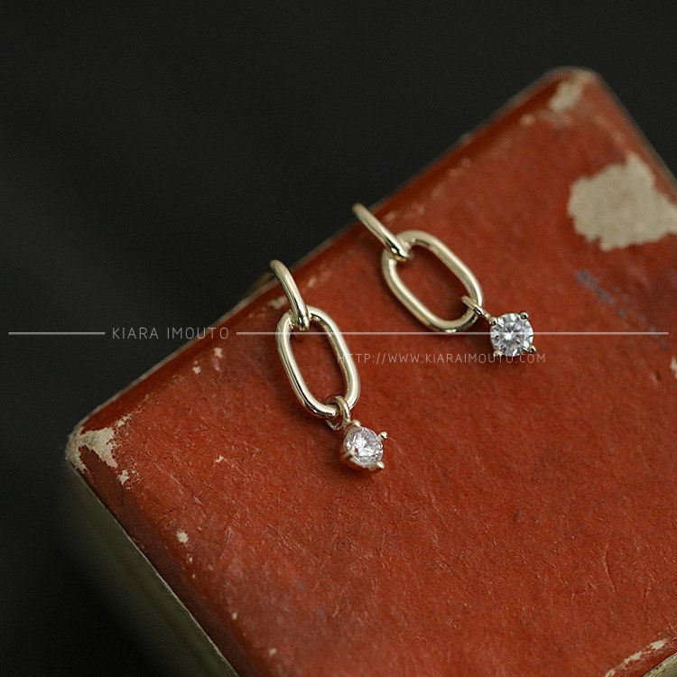 High Quality 5A Cubic Zirconia Dangle Earrings, Geometric Earrings, Pure 9k Yellow Gold, Cz Gold Earrings, Minimalist Earrings