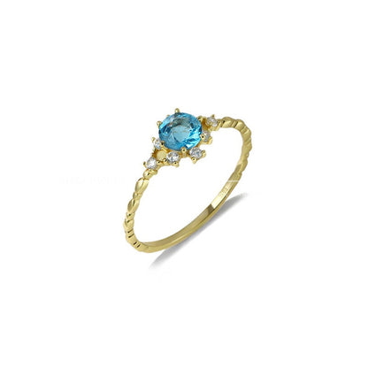 18K Solid Gold London Blue Topaz Ring, Round Blue Topaz Gold Ring with CZ Diamonds, Blue Topaz Engagement Ring, Blue Topaz Wedding Ring