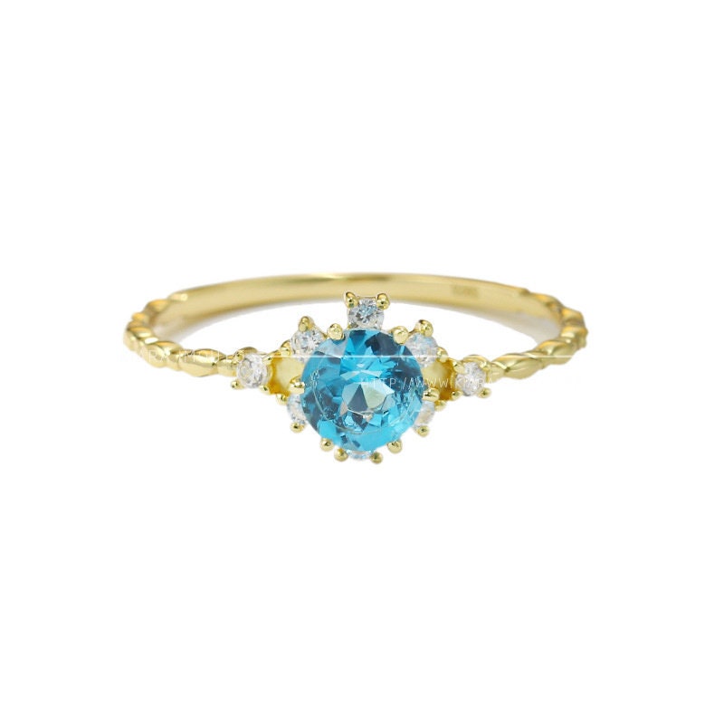 18K Solid Gold London Blue Topaz Ring, Round Blue Topaz Gold Ring with CZ Diamonds, Blue Topaz Engagement Ring, Blue Topaz Wedding Ring