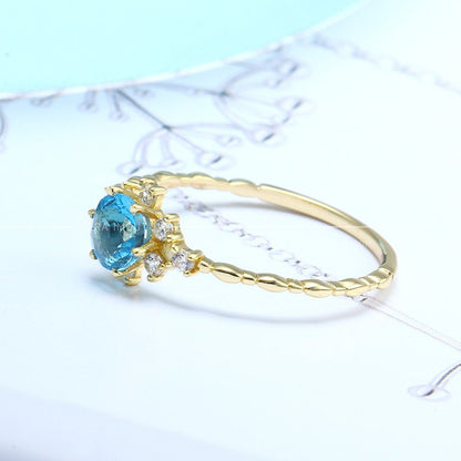18K Solid Gold London Blue Topaz Ring, Round Blue Topaz Gold Ring with CZ Diamonds, Blue Topaz Engagement Ring, Blue Topaz Wedding Ring