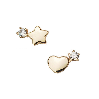 14K Gold Mini Heart and Stars Mismatched Earrings, Star Earrings, Heart Earrings, Tiny Earrings, Simple Earrings, Baby Earrings For Girls