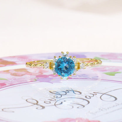 18K Solid Gold London Blue Topaz Ring, Round Blue Topaz Gold Ring with CZ Diamonds, Blue Topaz Engagement Ring, Blue Topaz Wedding Ring