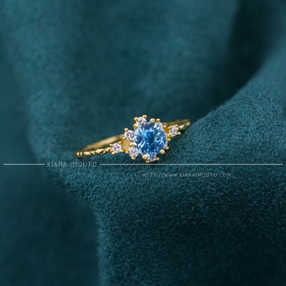 18K Solid Gold London Blue Topaz Ring, Round Blue Topaz Gold Ring with CZ Diamonds, Blue Topaz Engagement Ring, Blue Topaz Wedding Ring