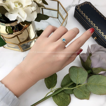18K Solid Gold London Blue Topaz Ring, Round Blue Topaz Gold Ring with CZ Diamonds, Blue Topaz Engagement Ring, Blue Topaz Wedding Ring