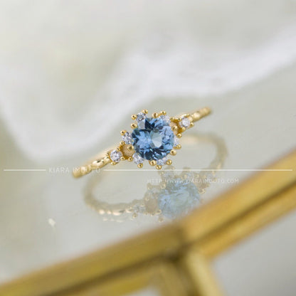 18K Solid Gold London Blue Topaz Ring, Round Blue Topaz Gold Ring with CZ Diamonds, Blue Topaz Engagement Ring, Blue Topaz Wedding Ring