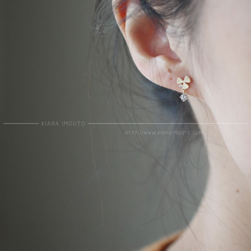 9 Karat Gold Three Leaf Clover Crystal Drop Earrings, Gold Dangle Earrings, Solid Gold Earrings, Gold Stud Earrings, Bridal Earrings