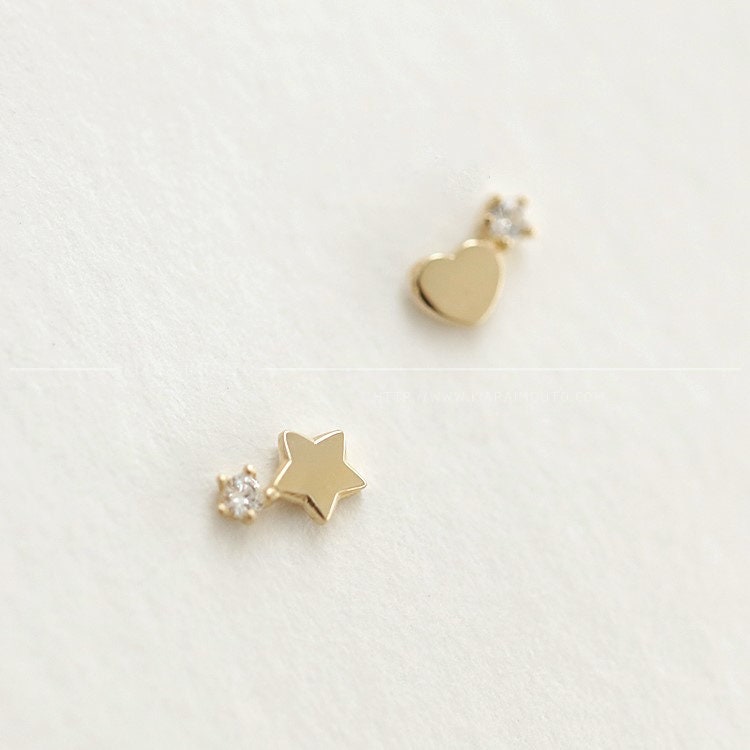 14K Gold Mini Heart and Stars Mismatched Earrings, Star Earrings, Heart Earrings, Tiny Earrings, Simple Earrings, Baby Earrings For Girls