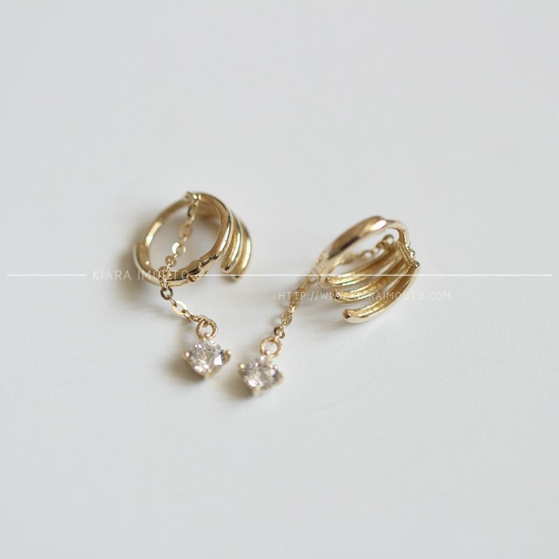 9K Solid Gold Huggies Chain Drop Earrings, Hoop Cuff Earrings With Chain, Gold Chain Earrings, Gold Hoop Chain Dangle Earrings