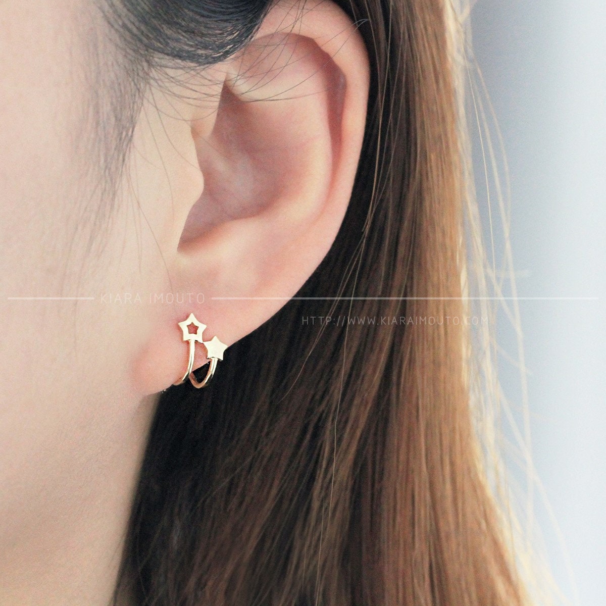 Twin Stars Cuff Earrings, Double Star Stud Earrings, Faux Ear Cuff Wrap, Unique Ear Cuffs, Cool Ear Cuffs, 9k Solid Gold Cuff Earring