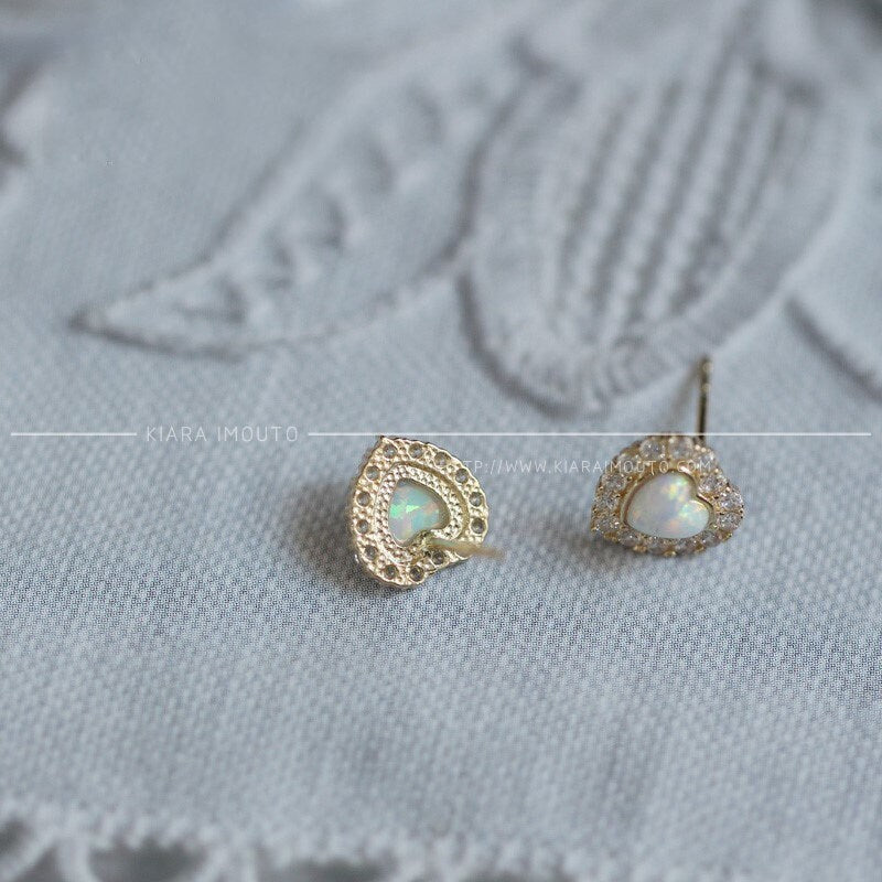 9 Carat Gold Retro Cream Opal Heart Earrings, Synthetic Fire Opal Stud Earrings, Heart Shaped Opal Earrings Gold, Love Heart Opal Earrings
