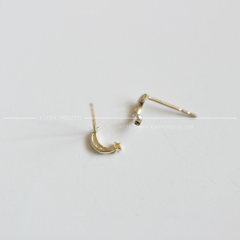 Sailor Moon Gold Earrings, Shooting Star Gold Ear Studs, 9k Gold Studs for Women, Diamond Studs, Diamond Earrings, Moon and Star Studs