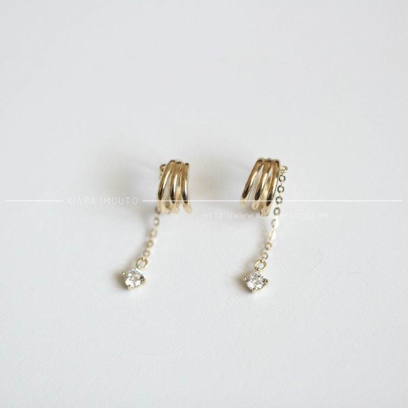 9K Solid Gold Huggies Chain Drop Earrings, Hoop Cuff Earrings With Chain, Gold Chain Earrings, Gold Hoop Chain Dangle Earrings