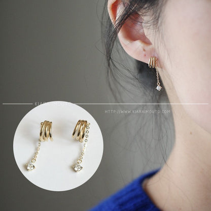9K Solid Gold Huggies Chain Drop Earrings, Hoop Cuff Earrings With Chain, Gold Chain Earrings, Gold Hoop Chain Dangle Earrings