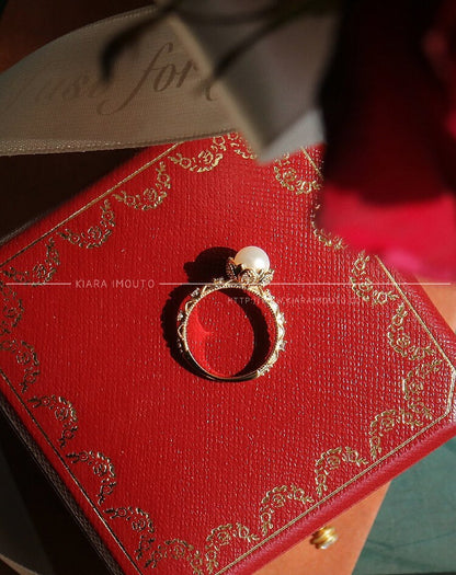14K Solid Gold Vintage Pearl Ring, Freshwater Pearl Engagement Rings, Victorian Lace Pearl Wedding Rings, Natural Pearl Diamond Ring