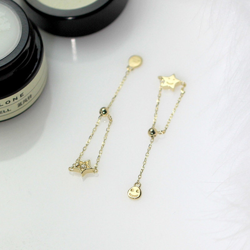 Emoji Face Star Ring, Moissanite Stone, Adjustable Gold Ring, Gold Chain Ring, Stackable Rings, Ring With Chain, Colorless Moissanite