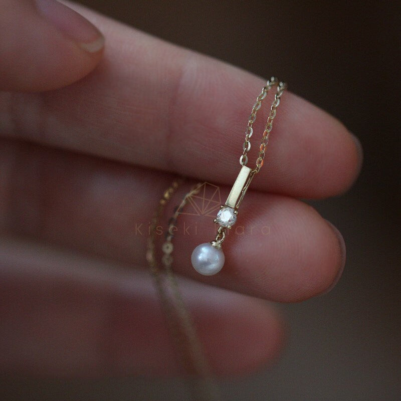 9K Gold Wedding Pearl Necklace, Natural Pearl Drop Pendant Necklace, Minimalist Gold Pearl Pendant Necklace, Floating Pearl Necklace
