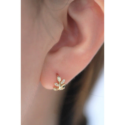 9K Gold Olive Leaf Hoop Earrings, Textured Leaf Pattern Huggie Earrings, Huggie Hoop Earrings, Huggie Hoops, Yellow Gold Diamond Huggies