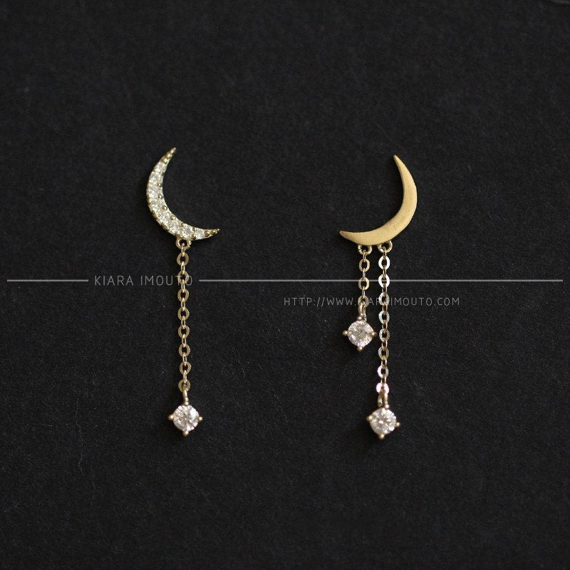 Crescent Moon Drop Earrings, Gold Moon Dangle Earrings, Pure 9k Gold Small Zirconium Diamond Asymmetric Design Tassel Earrings