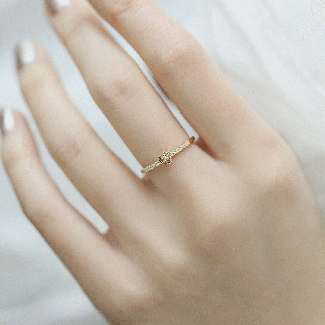 Dainty Rose Ring, Thin Stacking Rings, Stackable Band Rings, Stacked Wedding Bands, Solid 14K Gold Engraved Rings, Vintage Eternity Bands