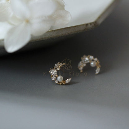 9K Gold Freshwater Pearl Moon Stud Earrings, Art Deco Earrings, Gold Everyday Earrings, Gold Diamond Earrings, Simple Gold Earrings
