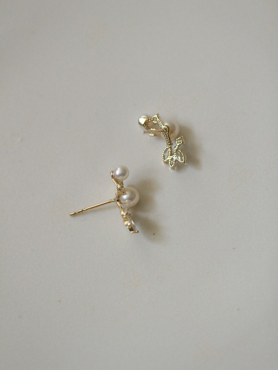 9k Gold Curved Crawler Earrings, Natural Freshwater Pearl Cz Diamond Earrings, Ear Climber Earrings, Nickel Free Hypoallergenic Earrings