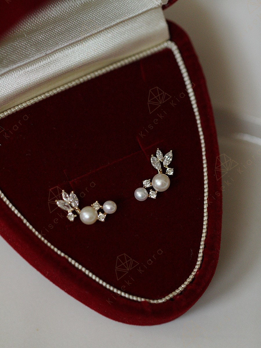 9k Gold Curved Crawler Earrings, Natural Freshwater Pearl Cz Diamond Earrings, Ear Climber Earrings, Nickel Free Hypoallergenic Earrings