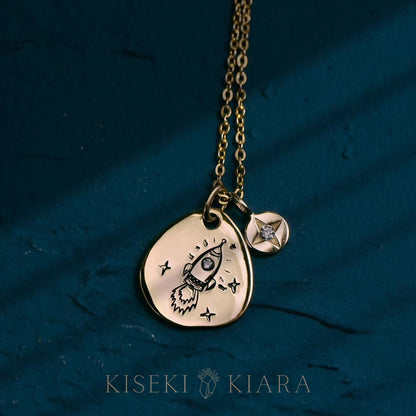 Charming Space Rocket Pendant Necklace, 18K Solid Gold Astronaut Necklace, About Space Galaxy Pendant Necklace, Falling Stars, Alien Charms