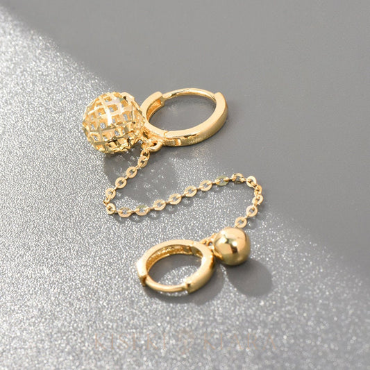 10k Solid Gold Ball Two Hole Earring, Double Lobe Helix Ear Hoop, Chain Link Cartilage Earring, Connected Earrings, Dangle Ear Piercings