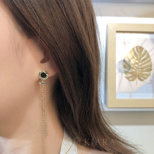 10k Solid Gold Black Disc Long Chain Earrings, Sparkly Fringe Drop Earrings, Boho Tassel Earrings, Extra Long Chain Earlobe Party Earrings