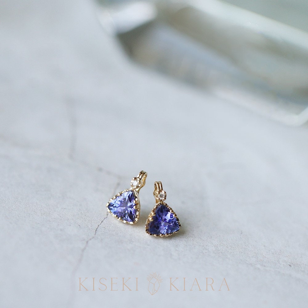 10K Gold Triangle Tanzanite Diamond Pendant, Brilliant Cut Diamond Necklace, Blue Tanzanite Gemstone Necklace, Dainty Diamond Necklace
