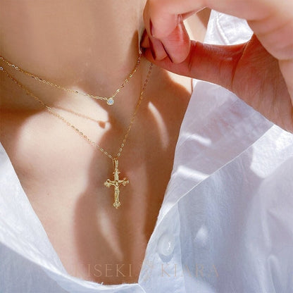 14K Solid Gold Holy Cross Catholic Crucifix Pendant, Celtic Cross Catholic, Jesus Christ Necklace, Dainty Religious Christ Cross Chain
