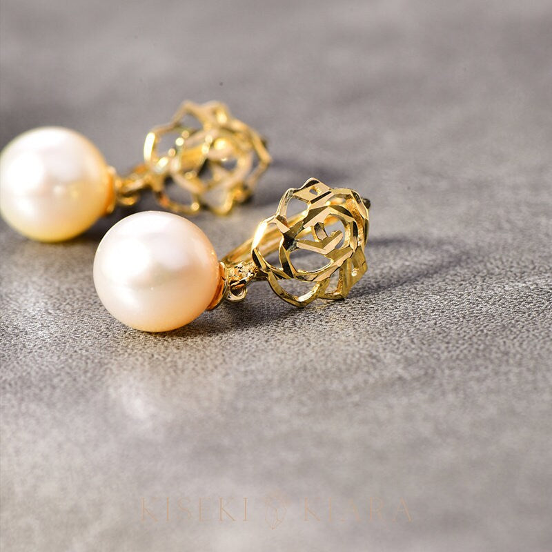 10k Solid Gold Flower Rose Pearl Drop Earrings, Minimalist Hoop Earrings, Floral Everyday Earrings, Dainty Dangle Earrings, Hypoallergenic
