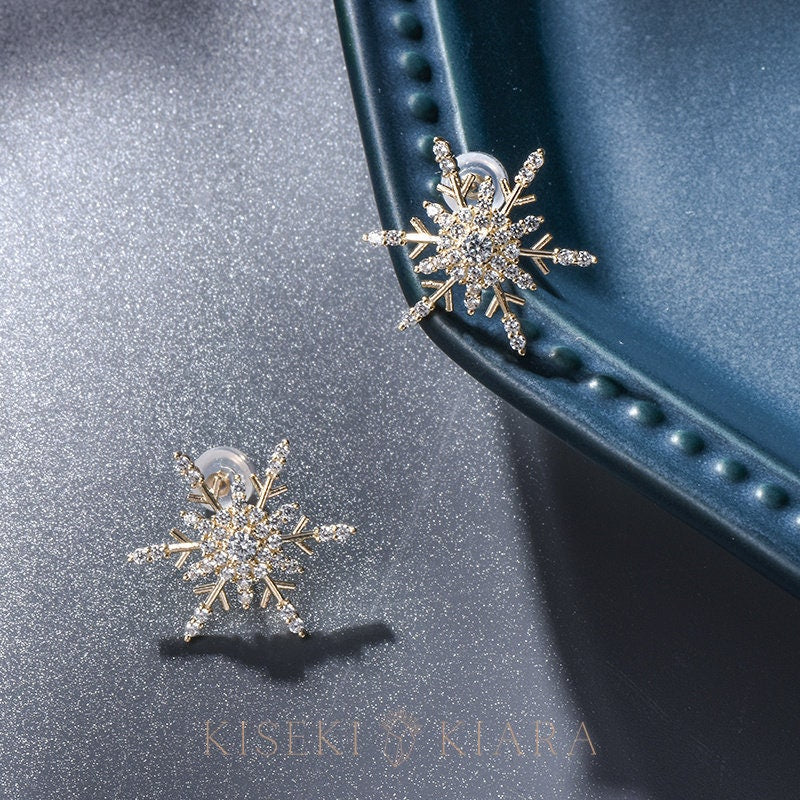 10k Solid Gold Sparkling Diamond Snowflake Earrings, Frozen Snowflake Studs, White Christmas Earrings, Large Statement Earrings, Xmas Gifts
