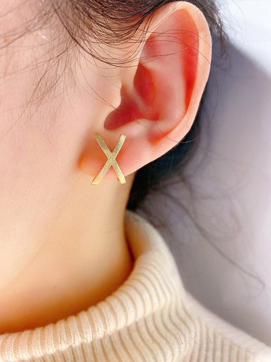 10k Real Gold X Earrings, X Shaped Earrings, Matte Finish Earrings, Polish Finish Women's Statement Earrings, Inverted Cross Earrings Men