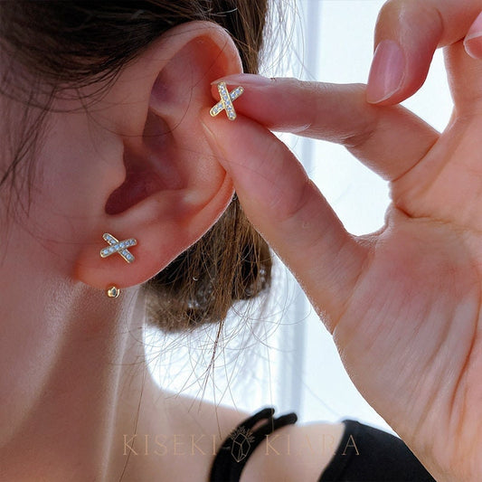 10k Solid Gold Cross X Pierced Earrings With Screw On Backs, Two Ear Piercings, Multiple Ear Piercings Classy, Locking Earrings For Toddlers