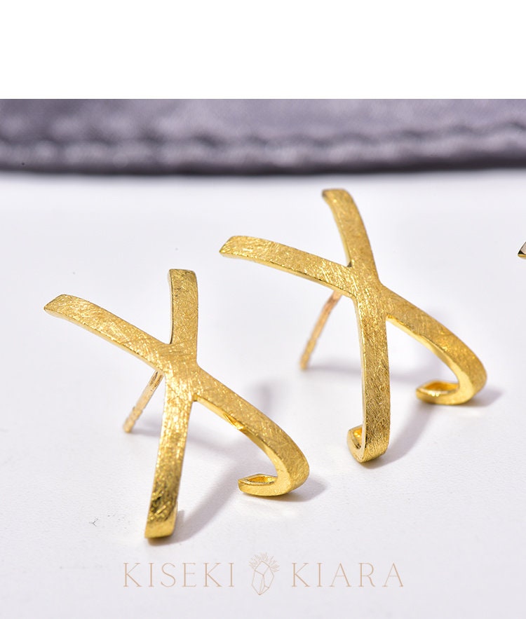 10k Real Gold X Earrings, X Shaped Earrings, Matte Finish Earrings, Polish Finish Women's Statement Earrings, Inverted Cross Earrings Men