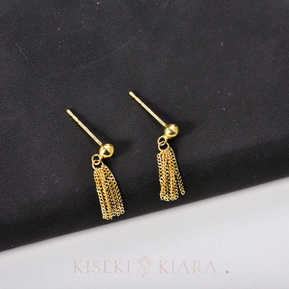 10k Solid Gold Dainty Short Tassel Earrings, Thread Chain Earrings, Small Yellow Tassel Earrings, Fringe Drop Earrings, Handmade Jewelry