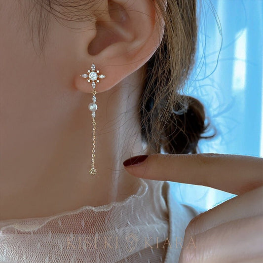 10k Real Gold Long Crystal Drop Earrings, Dainty Chain Earrings, Delicate Swarovski Diamond Drop Earrings, Freshwater Pearl Threader Earring