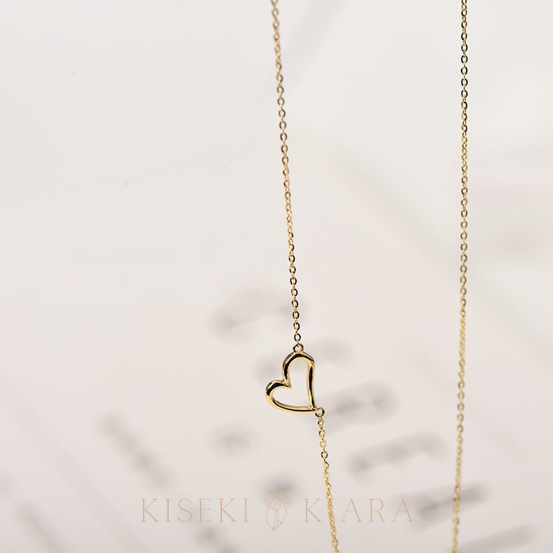 14k Solid Gold Hollow Heart Sideways Necklace, Horizontal Love Necklace, Valentine's Day Cute Necklaces For Girlfriend, Future Wife Necklace