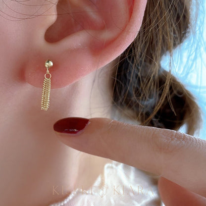 10k Solid Gold Dainty Short Tassel Earrings, Thread Chain Earrings, Small Yellow Tassel Earrings, Fringe Drop Earrings, Handmade Jewelry