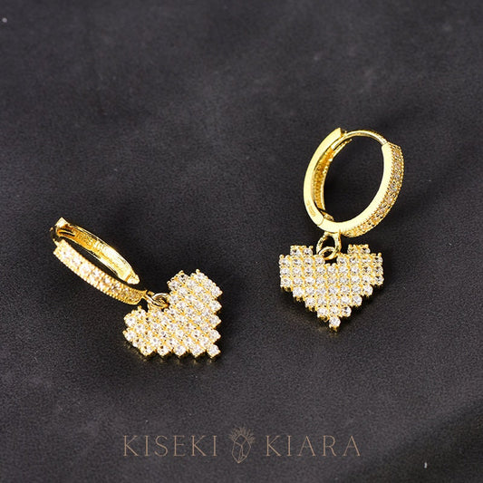 10k Solid Gold Cz Diamond Lego Heart Hoop Earrings, Dangle Heart Shaped Hoops, Love Heart Charm Drop Earrings, Valentine's Day Gift for Her