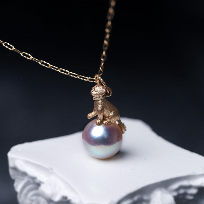 Cat Stuff For Cat Lovers: Naughty Cute 3D Cat Pendant, Japanese Akoya Seawater Pearls, 18k Yellow Gold, Gifts For Cat Owners, Cute Necklace