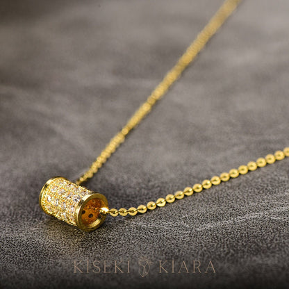14k Solid Gold Cz Diamond Cylinder Pendant Necklace, Cylindrical Link Chain Necklace Rod, Women's Dainty Necklace, Everyday Choker Necklace