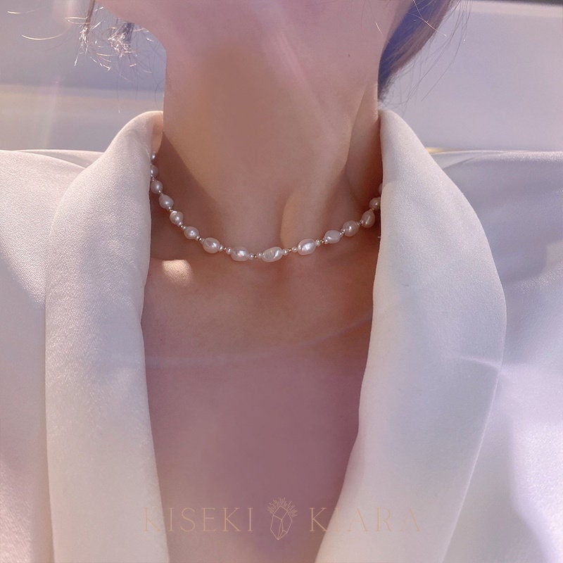 14k Solid Gold Pearl Full Of Stars Clavicle Chain Necklace, Women's Dainty Necklace, Simple Everyday Choker, Minimalist Layered Necklaces