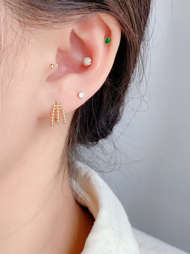 10k Solid Gold Triple Beaded Helix Hoop Earrings | Handcrafted Jewelry | Hypoallergenic | Unique Gift | Elegant and Versatile Design