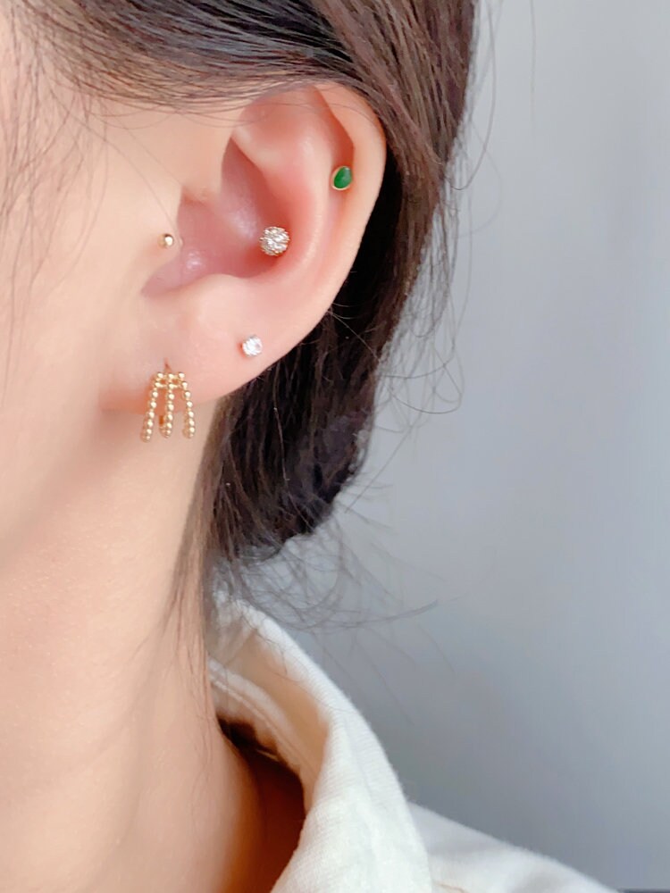 10k Solid Gold Triple Beaded Helix Hoop Earrings | Handcrafted Jewelry | Hypoallergenic | Unique Gift | Elegant and Versatile Design